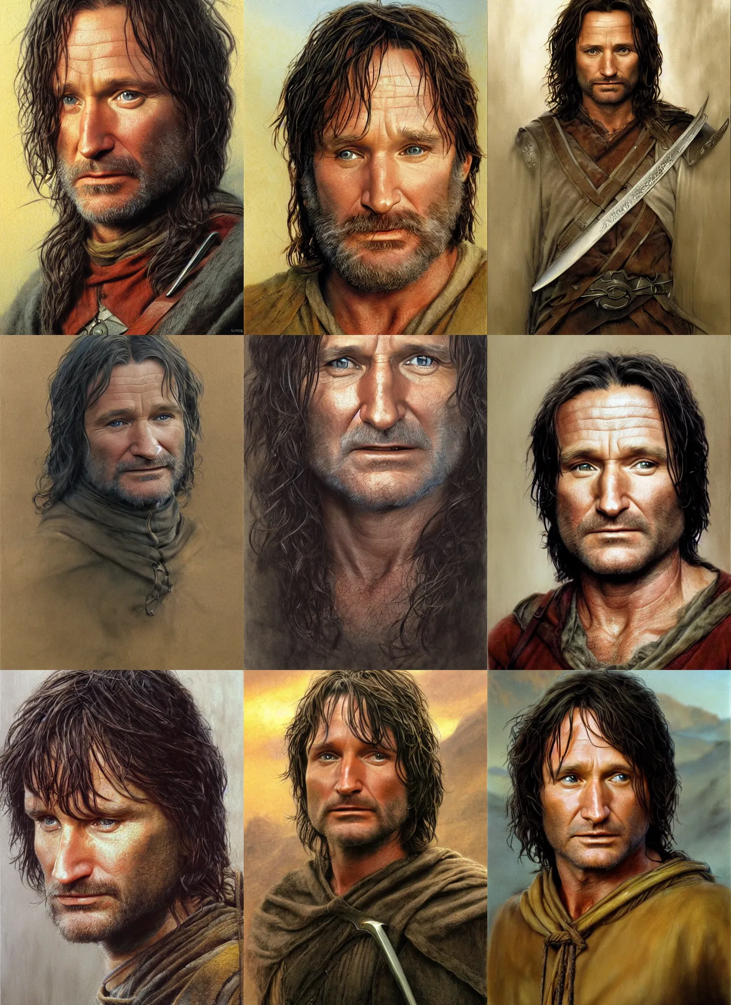 Prompt: Robin Williams as Aragorn by Alan Lee, golden hour, concept art, detailed clothing, art station, oil painting