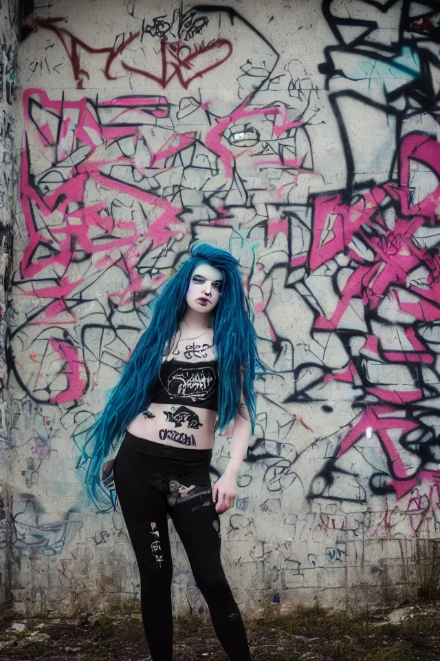 Prompt: a portrait of a grunge emo girl who has blue hair, a nose ring, black nails, fish net leggings, and is outside of a abandoned building with graffiti on it. Shallow depth of field. 4k hyperdetailed. Rendered with octane.