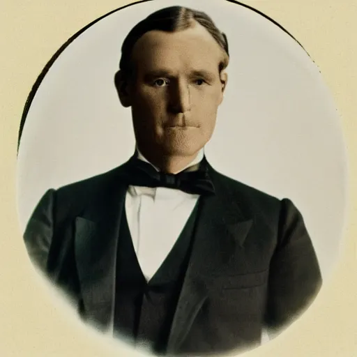 Image similar to Colored photo of an inexpressive man in a black suit and black tie with his arms at his side