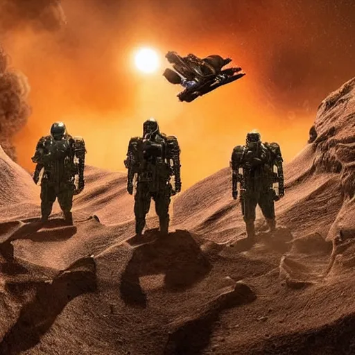 Prompt: wide angle action shot of enhanced super soldiers with jet packs flying over craters and trenches, highly detailed, highly textured, atmospheric, night, explosions futuristic, from the movie Dune (2021)