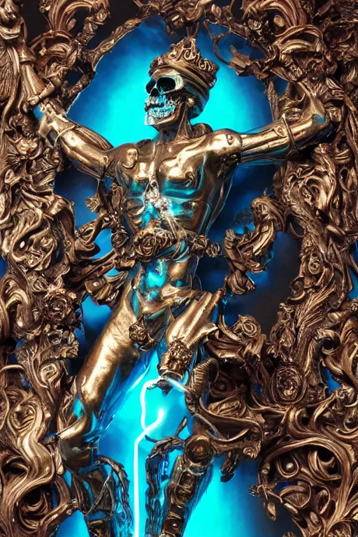 Image similar to a young handsome Spanish metal android with a large glowing blue lit crystal in the center of his chest, full-body bronze cyberpunk style statue of Icarus with glowing blue eyes, crown of mechanical peach roses, flowing teal-colored silk, fabric, steampunk flowers. baroque elements, human skull. full-length view. baroque element. intricate artwork by caravaggio. many flying horses on background. Trending on artstation, octane render, cinematic lighting from the right, hyper realism, octane render, 8k, depth of field, 3D