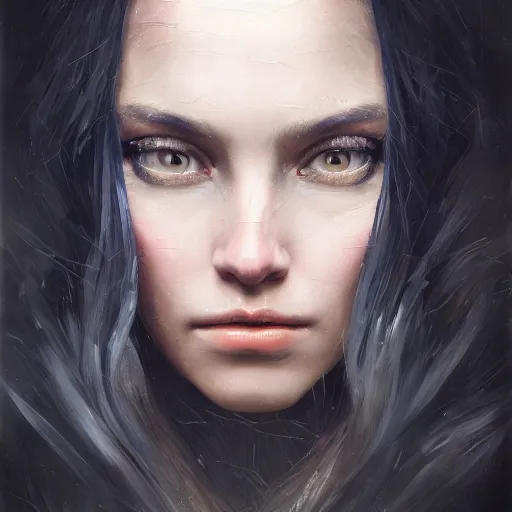 Image similar to An oil painting of a stunningly beautiful female wizard, 30 years old, long black hair, sharp facial features, beautiful, highly detailed, by Cédric Peyravernay, by greg rudkowski, trending on artstation