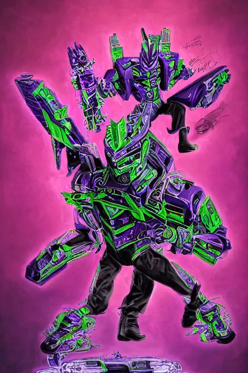 Image similar to portrait of cowboy johnny cash as purple green optimus prime power ranger from transformers surfing tonic stimulant fluids on air guitar zord UFO hoverboard, intricate, highly detailed, smooth, artstation, digital illustration by Lisa Frank and Ruan Jia and Mandy Jurgens and Artgerm and Wayne Barlowe and Greg Rutkowski and Zdislav Beksinski