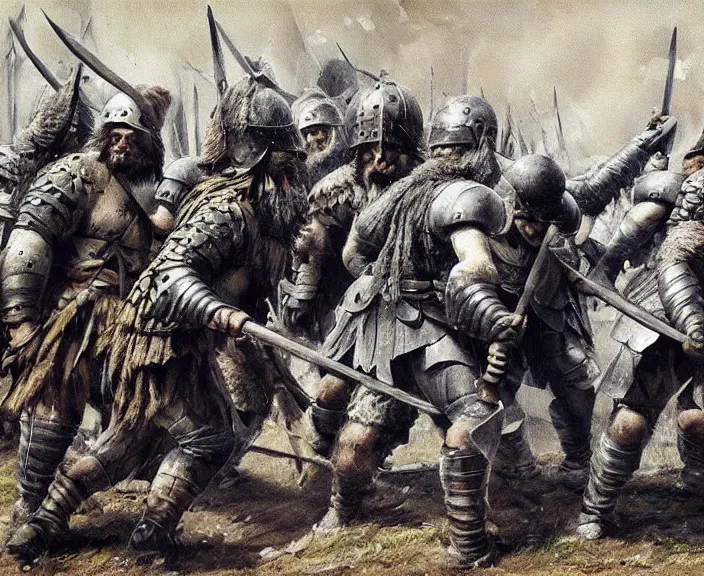 Image similar to a small garrison of barbarian men dressing for battle, art by denys tsiperko and bogdan rezunenko, hyperrealism