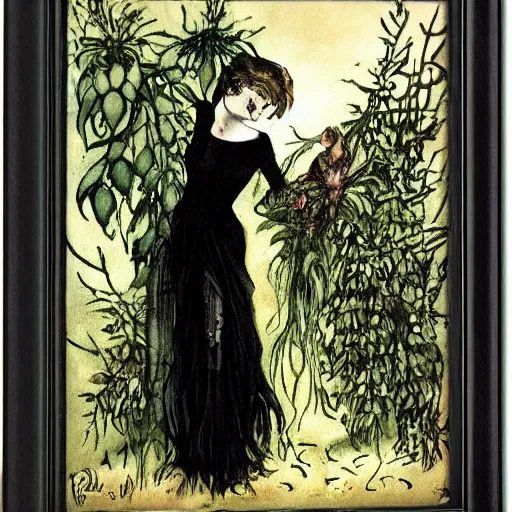 Image similar to dark gothic fairy wearing a gown posing with castor bean plant by Cicely Mary Barker