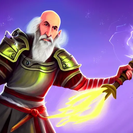 Prompt: a bald asmongold as a sorcerer casting spells with his staff, fighting with ludwig dressed as a knight, hyper realistic, hyper detailed, fantasy, easter colors, digital art