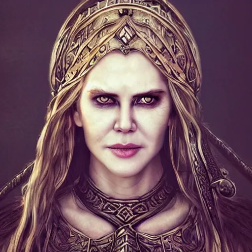 Image similar to gorgeous female Nicole Kidman Viking Norse warrior, Nortic face paint, realistic character concept, full body shot, elegant pose, spooky, illustration, symmetrical face and body, realistic eyes, artstation, cinematic lighting, forest at night, hyperdetailed, detailed realistic symmetrical eyes, cgsociety, 8k, high resolution, Charlie Bowater, Tom Bagshaw, single face, insanely detailed and intricate, beautiful, elegant, vfx, postprocessing