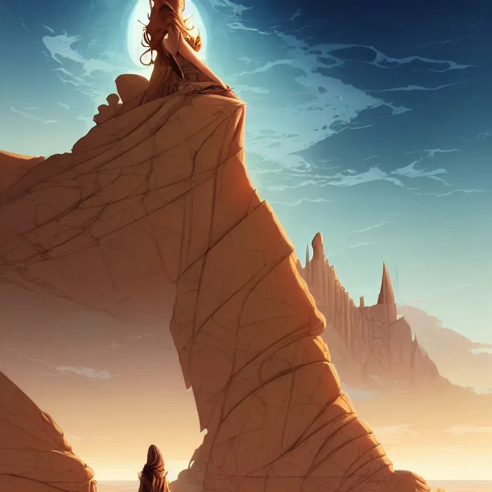 Prompt: style artgerm, joshua middleton, gerald brom, a giant brown stone castle in the desert, very long spires, sand swirling, detailed, ocean background setting, volumetric lighting