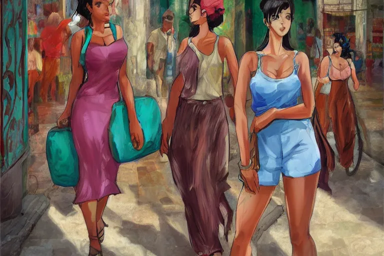 Image similar to concept art, painting of cuban women in havana, digital anime art, good lighting,