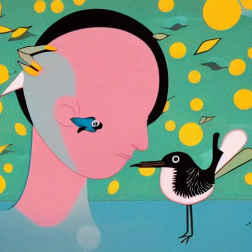 Prompt: a bird coming out of a man's ear by chiho aoshima