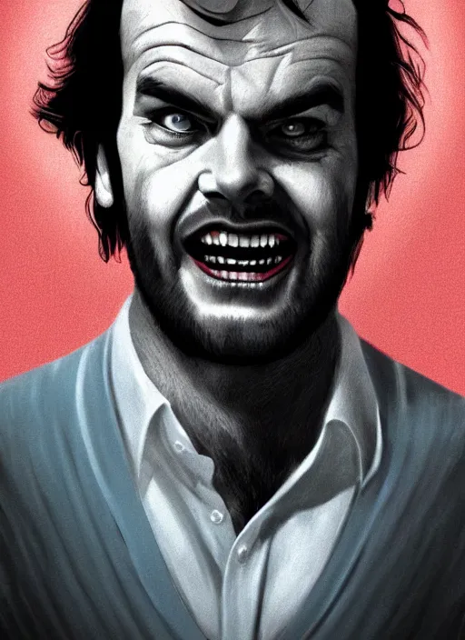 Image similar to young jack nicholson as jack torrance from the shining ( 1 9 8 0 ) portrait illustrated by rossdraws, calm depressed expression, vivid colors, soft lighting, digital artwork 4 k, best of artstation