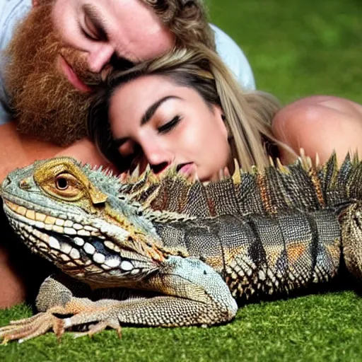Image similar to a giant bearded dragon hanging out with blonde hair women laying down using the giant bearded dragon as a pillow