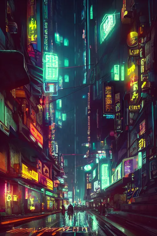 Image similar to a street in a big city at night, neon lights, down a flight of stairs to the basement, cyberpunk style, digital painting, concept art, smooth, sharp focus, hyperrealistic, illustration, artstation trending, octane render, unreal engine, ambient light, dynamic lighting, magical, dark vibes, Cyberpunk 2077