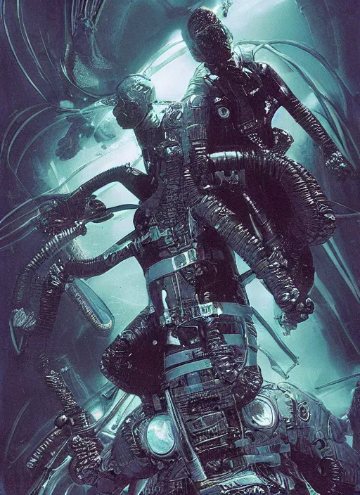 Image similar to astronauts divers in dark void underwater - complex and hyperdetailed technical suit design. reflection and dispersion materials. rays and dispersion of light. volumetric light. f / 3 2. noise film photo. flash photography. ultra realistic, 5 0 mm. poster by wayne barlowe, hajime sorayama aaron horkey, craig mullins