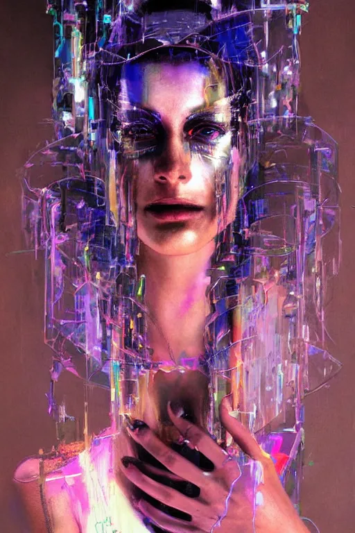 Prompt: portrait, headshot, digital painting, an beautiful techno - shaman lady in circuit electronic mask, pearlescent, synthwave, glitch, glass fracture, realistic, hyperdetailed, chiaroscuro, concept art, art by john berkey