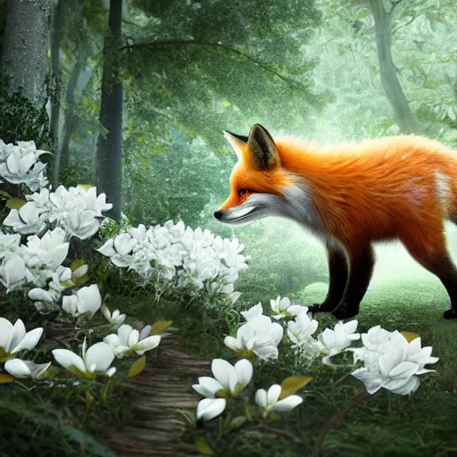 Image similar to small red fox in a forest full of white magnolias, fantasy, octane render, highly detailed