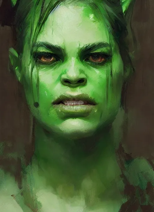 Image similar to green orc female, light green tone beautiful face by jeremy mann, greg rutkowski