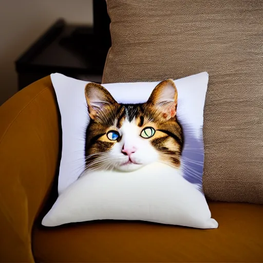 Prompt: a stunning professional photo of a cat pillow, ultra detail, hyperrealistic, beautiful, national geographic quality