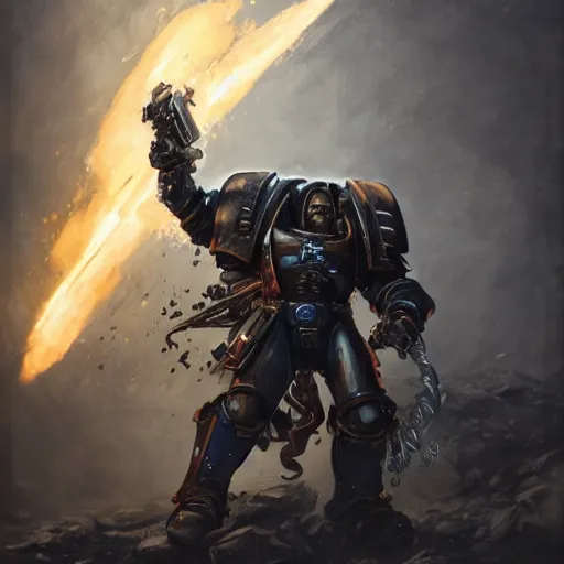 Image similar to A Space Marine from Warhammer 40k beheading a foe with his chainsword, by Cedric Peyravernay, highly detailed, excellent composition, cinematic concept art, dramatic lighting, trending on ArtStation