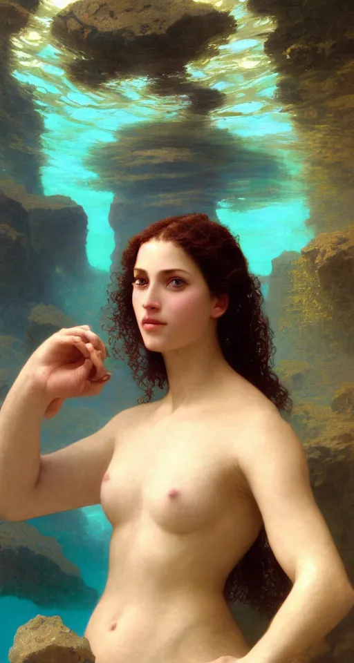 Prompt: Portrait of a beautiful female Atlantean swimmer, underwater swimming in large rock trench, toward the sun rays and caustics, Regal, Realistic, Refined, Detailed Digital Art, Oil Painting, William-Adolphe Bouguereau, Art Frahm, Esao Andrews,, Highly Detailed, Cinematic Lighting, Unreal Engine, 8k, HD