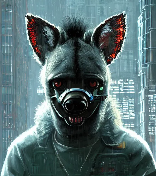 Image similar to new york city portrait of furry anthro anthropomorphic spotted hyena head animal person fursona wearing clothes strange cybernetic muzzle gloomy rainy screenshot from the video game cyberpunk 2077 digital art by Greg Rutkowski, Simon Stalenhag, christopher nolan trending on Artstation, CGSociety