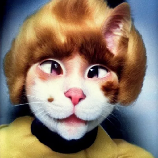 Image similar to First human cat hybrid, circa 1978, photography