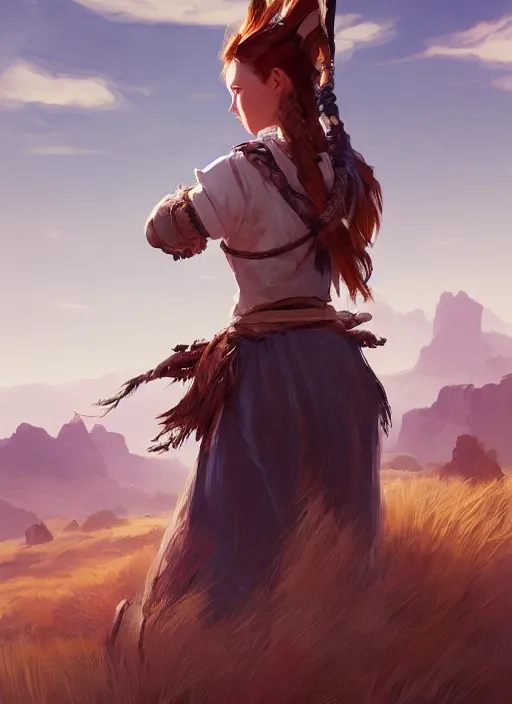 Prompt: Aloy, standing confidently, desert in the background, natural lighting, digital painting, concept art, smooth, sharp focus, illustration, single character full body, rule of thirds, from Horizon: Zero Down, by Mandy Jurgens and Artgerm