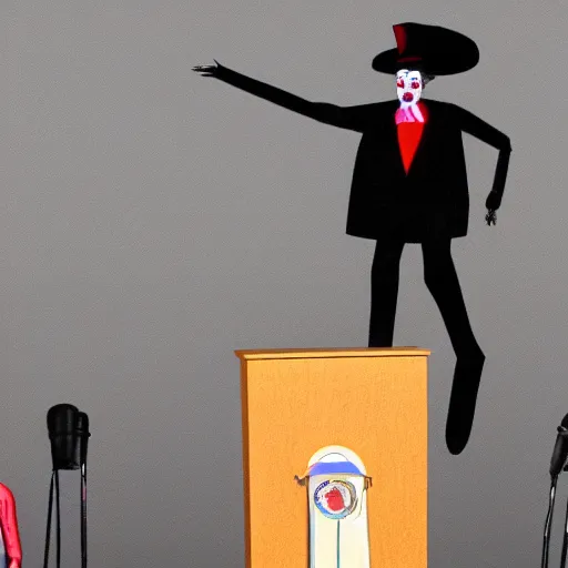 Image similar to marionette of a president with clown makeup in a podium and a human shadow behind