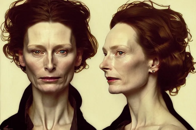 Image similar to hyper realistic portrait of tilda swildon, bigger forehead, bigger chin, from the side, by lee bermejo, alphonse mucha and greg rutkowski