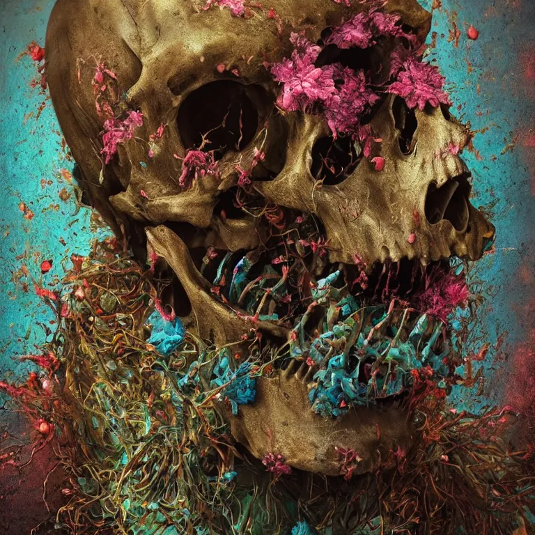 Image similar to A beautiful oil painting hyperrealism of a decayed zombie head, rotting clay skin, skull bones flowers, 8k resolution, octane render, Trending on artstation, by Gediminas Pranckevicius, volumetric light 2blue fractal Thunder glow by dan mumford, anaglyph effect, Laurie Lipton