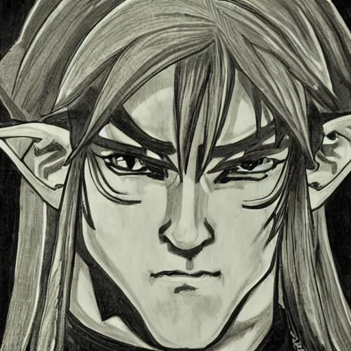Prompt: a baroque portrait of link from the legend of zelda, dark background, art by irina french