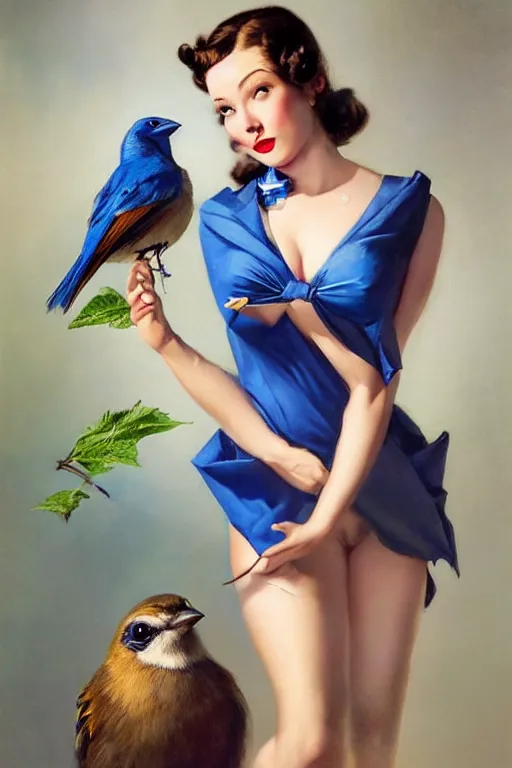 Image similar to hyper realistic painting, tasteful pinup girl holding an indigo bunting, bird, the bird is wearing a bowtie, by greg rutkowski, rossdraws, gil elvgren, enoch bolles, anime, porcelain glistening skin, very coherent