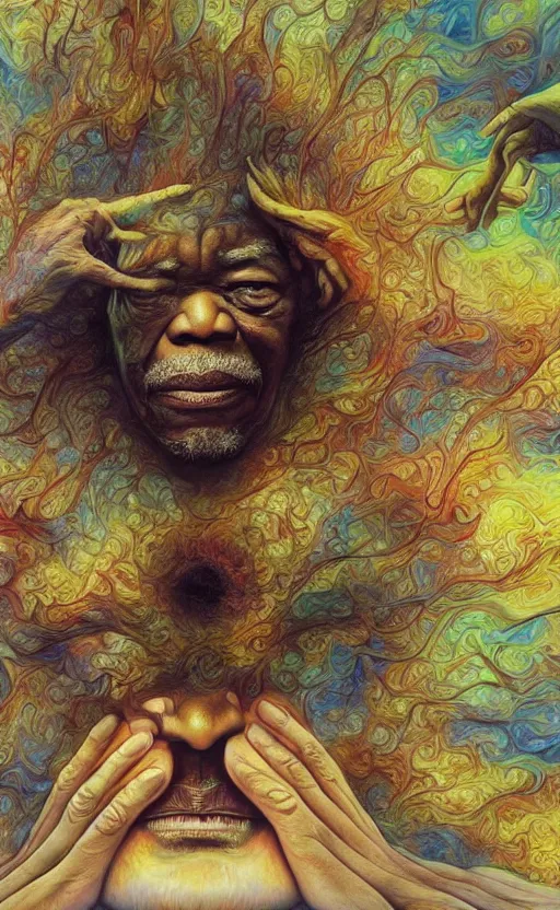 Image similar to ultrawide angle colour masterpiece surreal closeup portrait photography of morgan freeman playing on stage by miho hirano and annie leibovitz and michael cheval, weird surreal epic psychedelic complex biomorphic 3 d fractal landscape in background by kilian eng and roger dean and salvador dali and beksinski, 8 k