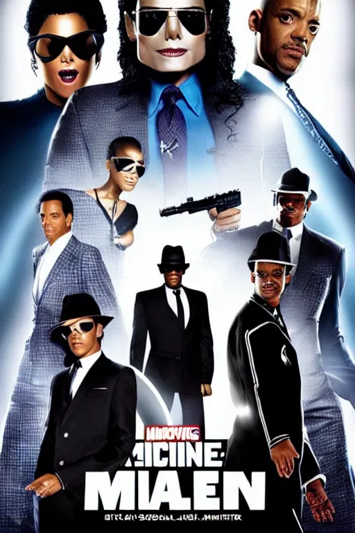 Prompt: movie poster titled'agent m'a michael jackson men in black spin off movie with michael jackson wearing black suit with will smith and chris tucker, movie announcement, mcu, uhd, sharp, ultra realistic face, 4 k, cinematic, marvel, render, behind the scenes, leaked, set photo, detailed, modern, real life, sighting, photo real
