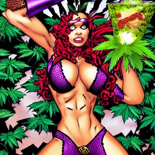 Prompt: 2010 Juxtapoz magazine cover of Brittany Renner as Poison Ivy Restraining batman, Marijuana, Smoke, Hot, accentuated hips, Serving Body, Smoking weed, Curvy, Matte Painting, Rude, lewd, riske, Vibrant, 8k, Epic Level of Detail, plant sap, Arte Lowbrow style, by Rockin Jelly Bean, :3 ,By :5 Sexy: 7