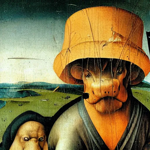 Prompt: oil painting by hieronymous bosch of a hippopotamus and a man wearing a hat.