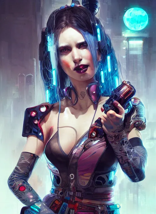 Image similar to a beautiful illustration of cyberpunk harley quinn with pointy ears, intricate, sharp focus, illustration, highly detailed, digital painting, concept art, matte, art by wlop and artgerm and greg rutkowski and alphonse mucha, masterpiece