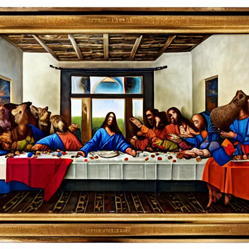 Image similar to a beautiful mixed mediart of the last supper, with jesus and his disciples replaced by various animals. the mixed mediart is set in a forest, with a deer at the head of the table and a squirrel and rabbit to either side. 4 k resolution by joel rea, by eddie mendoza offhand, a e s t h e t i c