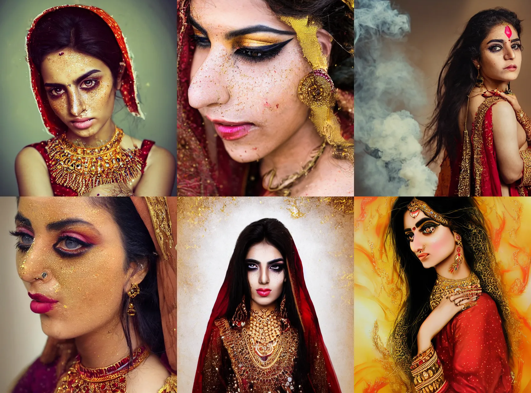 Prompt: A realistic portrait of a beautiful free-spirited intense pakistani female jinn, golden eyes and golden eyeliner, gold freckles, red traditionnal bridal face makeup, hairs turning into flames and smoke, embers and ashes in the air, her cheeks charred