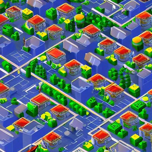 Prompt: asymmetrical sim city building videogame