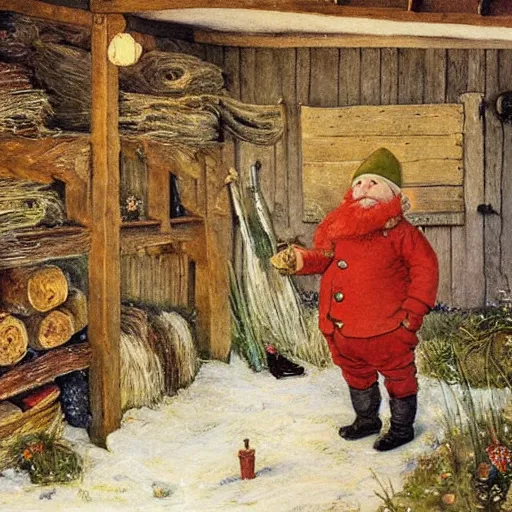 Prompt: oil painting of scandinavian gnome in barn, winter clothes, very very very very very beautiful art, american romanticism by carl larsson, firewood and hay, masterpiece, realistic and detailed