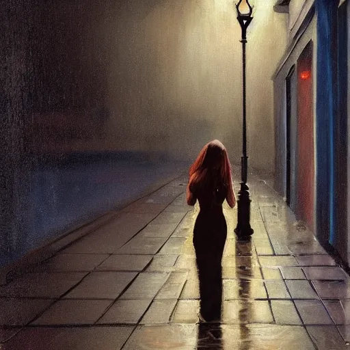 Image similar to wide angle painting of a beautiful woman in a drizzly night city street scene. beautiful use of light and shadow to create a sense of depth and movement. uses a limited color palette, providing a distinctive look.
