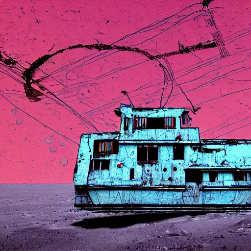 Prompt: an abandoned ship on the aral sea desert, in the style of daniel johnston and outsider art, 8 k, line brush, muted, overlaid with cyrillic words