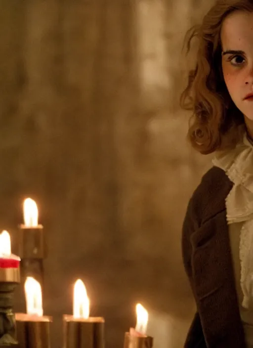 Image similar to Emma Watson as Hermione Granger in Kubrick's Barry Lyndon, natural candle lighting, movie still