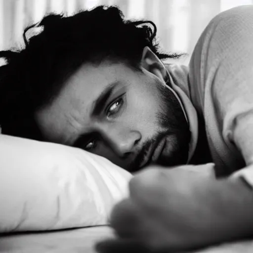 Image similar to black and white press photograph, highly detailed portrait of a depressed drug dealer lying in bed, detailed face looking into camera, eye contact, natural light, mist, fashion photography, film grain, soft vignette, sigma 85mm f/1.4 1/10 sec shutter, Darren Aronofsky film still promotional image, IMAX 70mm footage