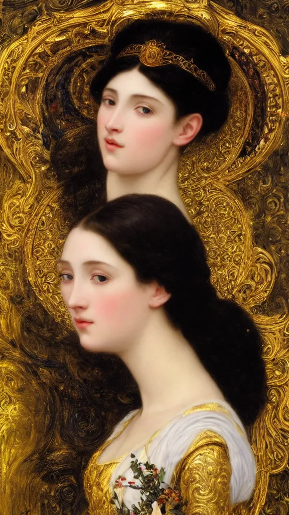 Image similar to painting portrait of a beautiful black haired woman with pale skin and a crown on her head sitted on an intricate metal throne, intricate, elegant, digital painting, smooth, sharp focus, shiny gold, realistic gold, realistic metal, by william - adolphe bouguereau and gustav klimt,