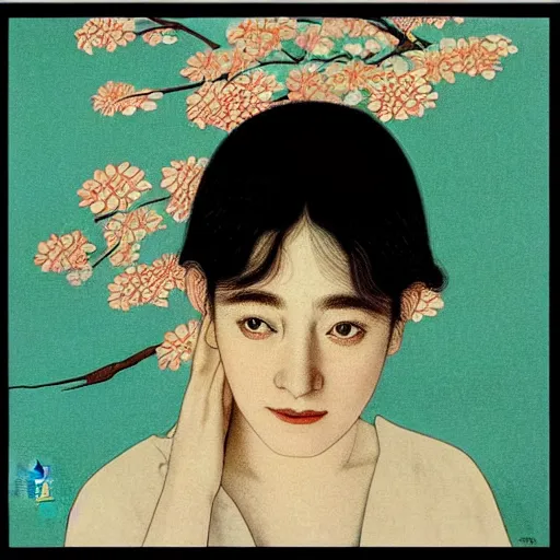 Image similar to “ saoirse ronan portrait by ikenaga yasunari and ayana otake and ko rakusui, 6 0 s poster, drawing, realistic, sharp focus, japanese, dreamy, nostalgia, faded, golden hues, floral clothes ”