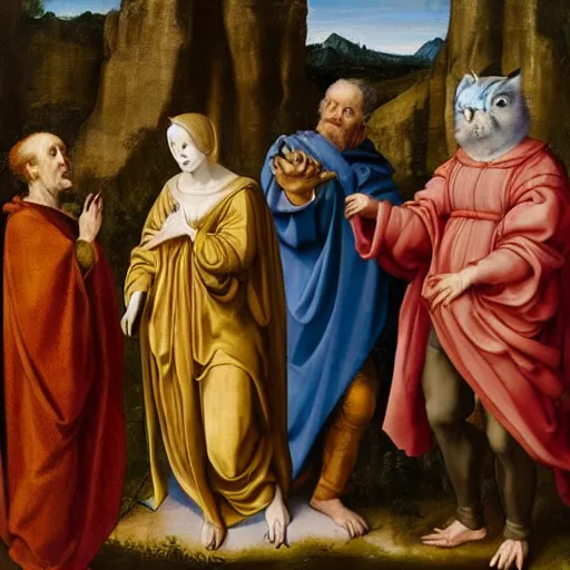 Prompt: a renaissance painting of a wise owl woman in a robe, three cloaked figures standing behind her