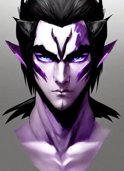 Image similar to Half body portrait of a handsome black haired elven warrior commander in black and purple attire. In style of Yoji Shinkawa and Hyung-tae Kim, trending on ArtStation, dark fantasy, great composition, concept art, highly detailed.