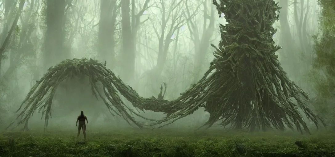 Image similar to a complex organic fractal 3 d metallic symbiotic ceramic humanoid megastructure creature in a swampy lush forest, foggy, cinematic shot, photo still from movie by denis villeneuve